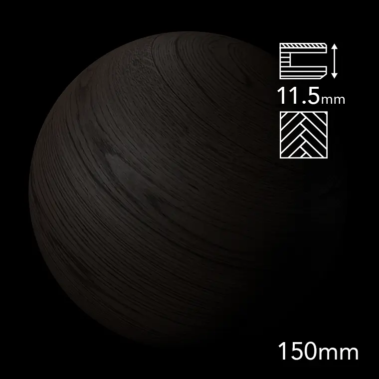 Dubová podlaha Planet Parket NERO Rustic 150 mm – detail struktury dřeva, tloušťka 11,5 mm a vzor stromeček.