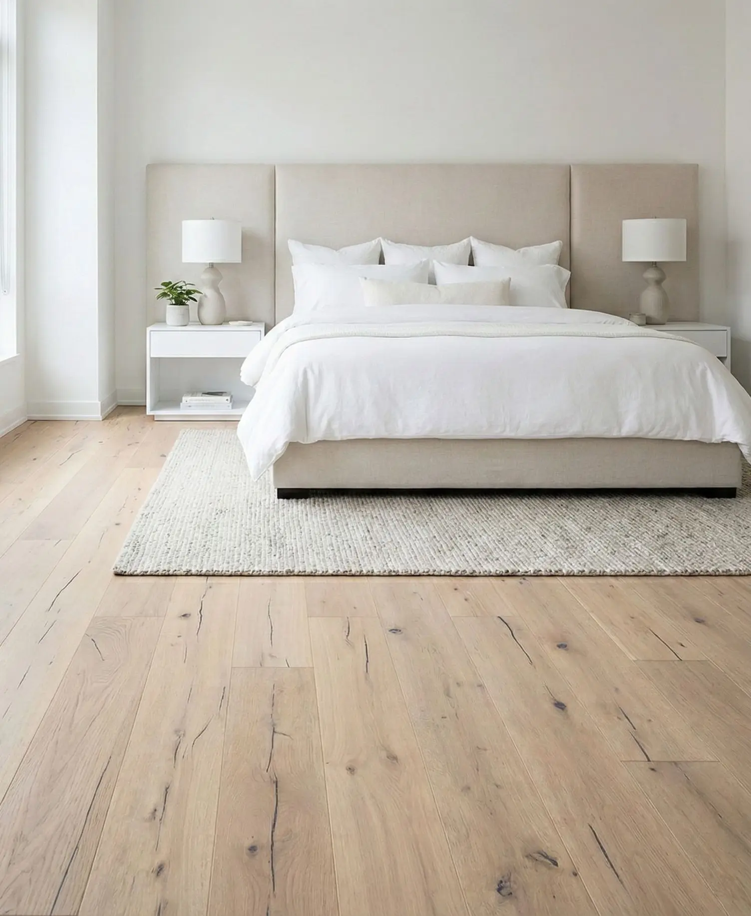 Světlá dubová podlaha Pure v minimalistické ložnici s bílou postelí, vysokým čalouněným čelem a doplňky v krémových barvách.