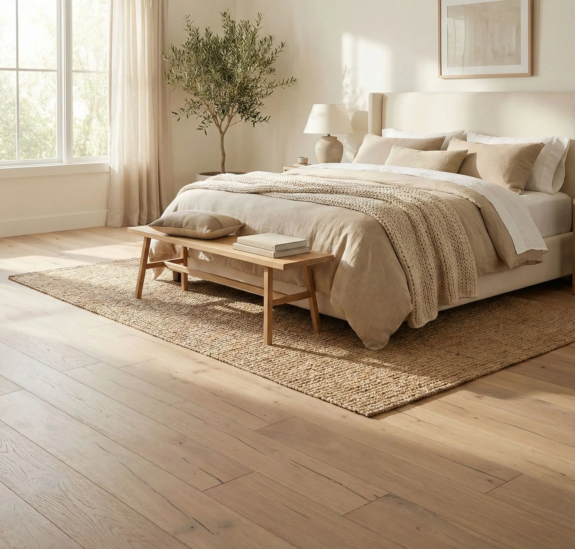 Světlá dubová podlaha Pure v interiéru útulné ložnice s přírodními texturami, lněným povlečením a doplňky v krémových odstínech.