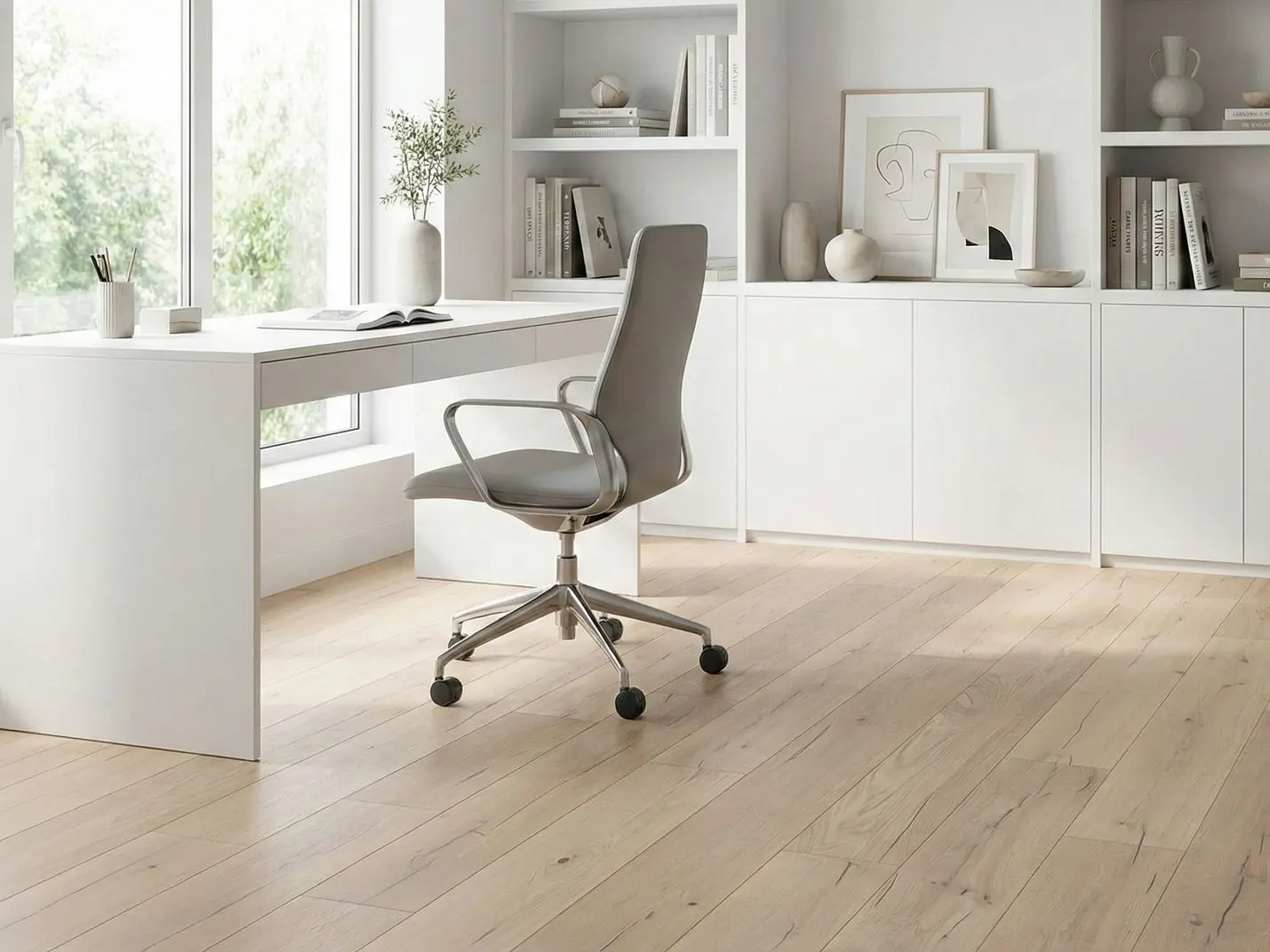 Světlá dubová podlaha Pure v minimalistické bílé pracovně s moderním pracovním stolem u okna a vestavěnou knihovnou.